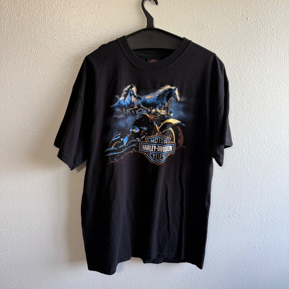 Vintage Y2K Harley Davidson Men's XL Black Blue Horse Bike Graphic Tee Shirt